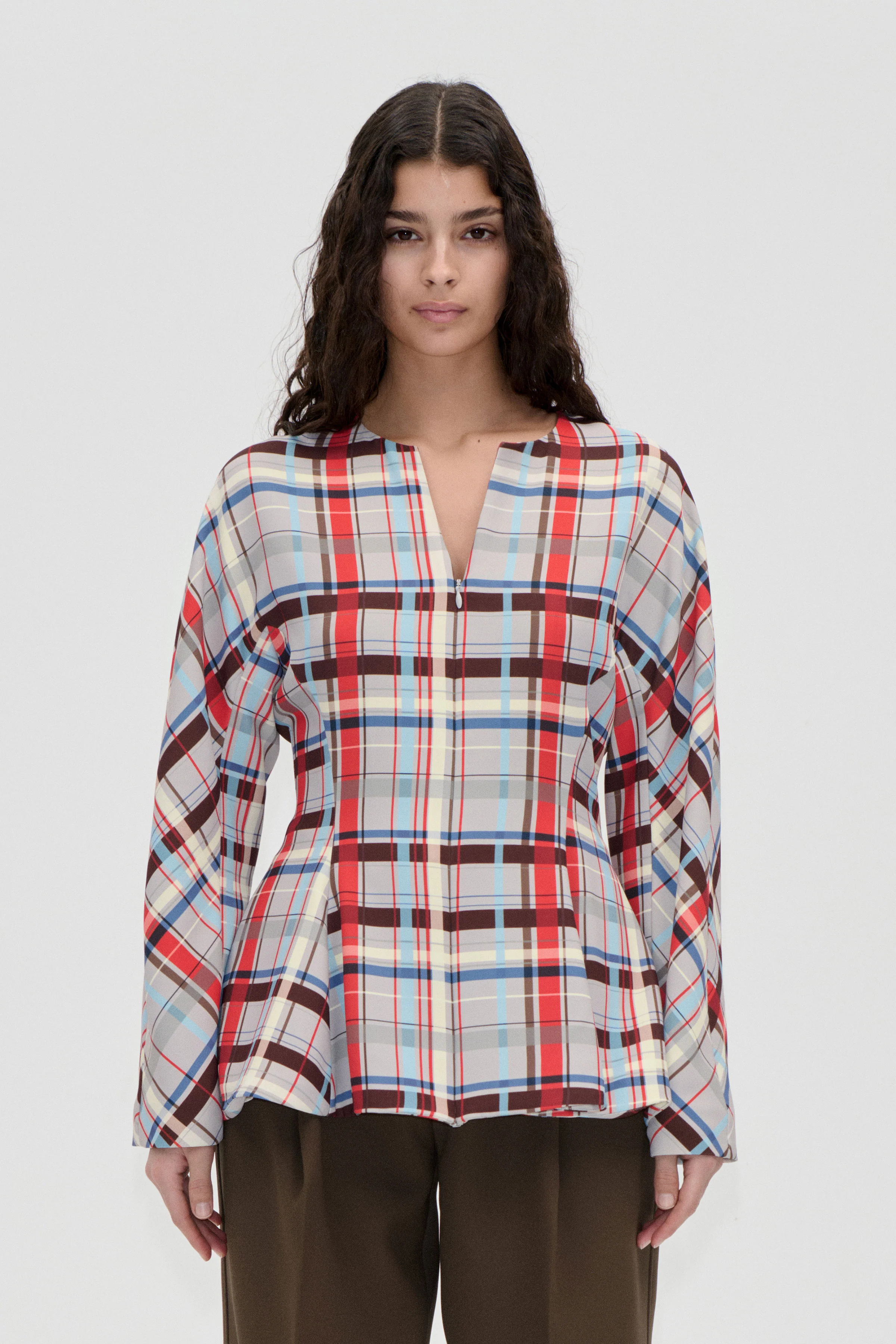 Flared Hem Zip-Up Top - Scarlet Grid