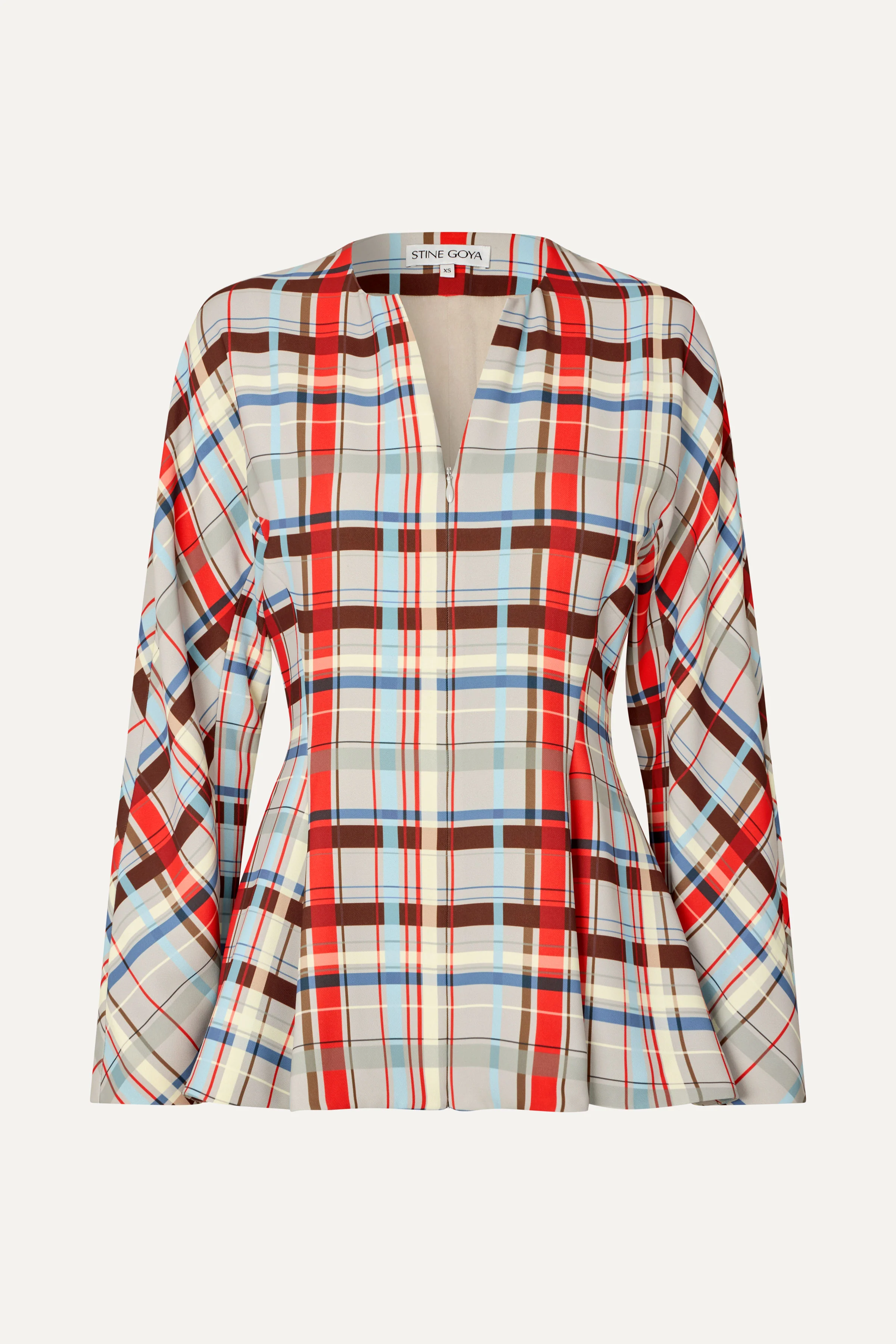 Flared Hem Zip-Up Top - Scarlet Grid - Image 3