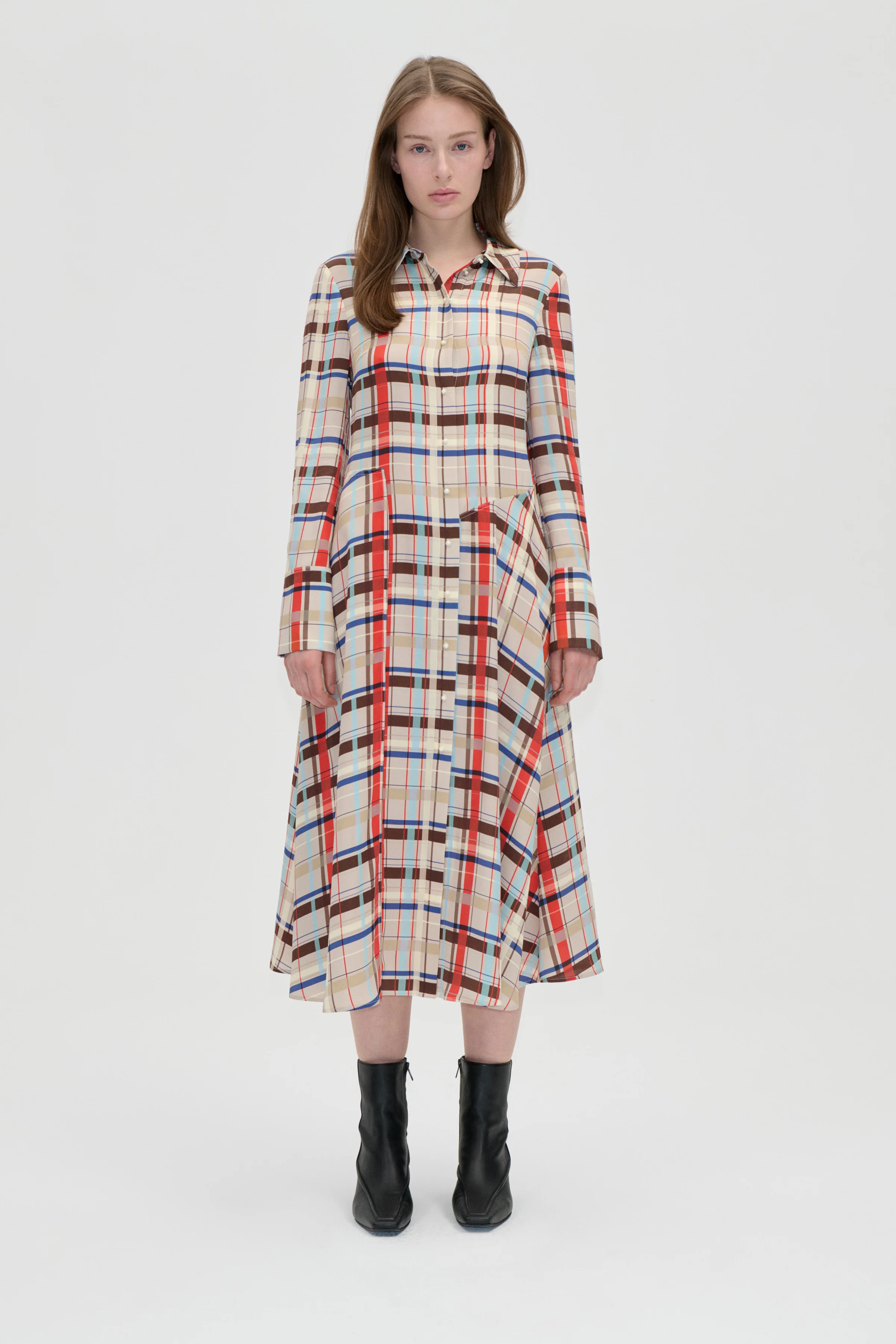 Front Placket Midi Polo Dress - Scarlet Grid