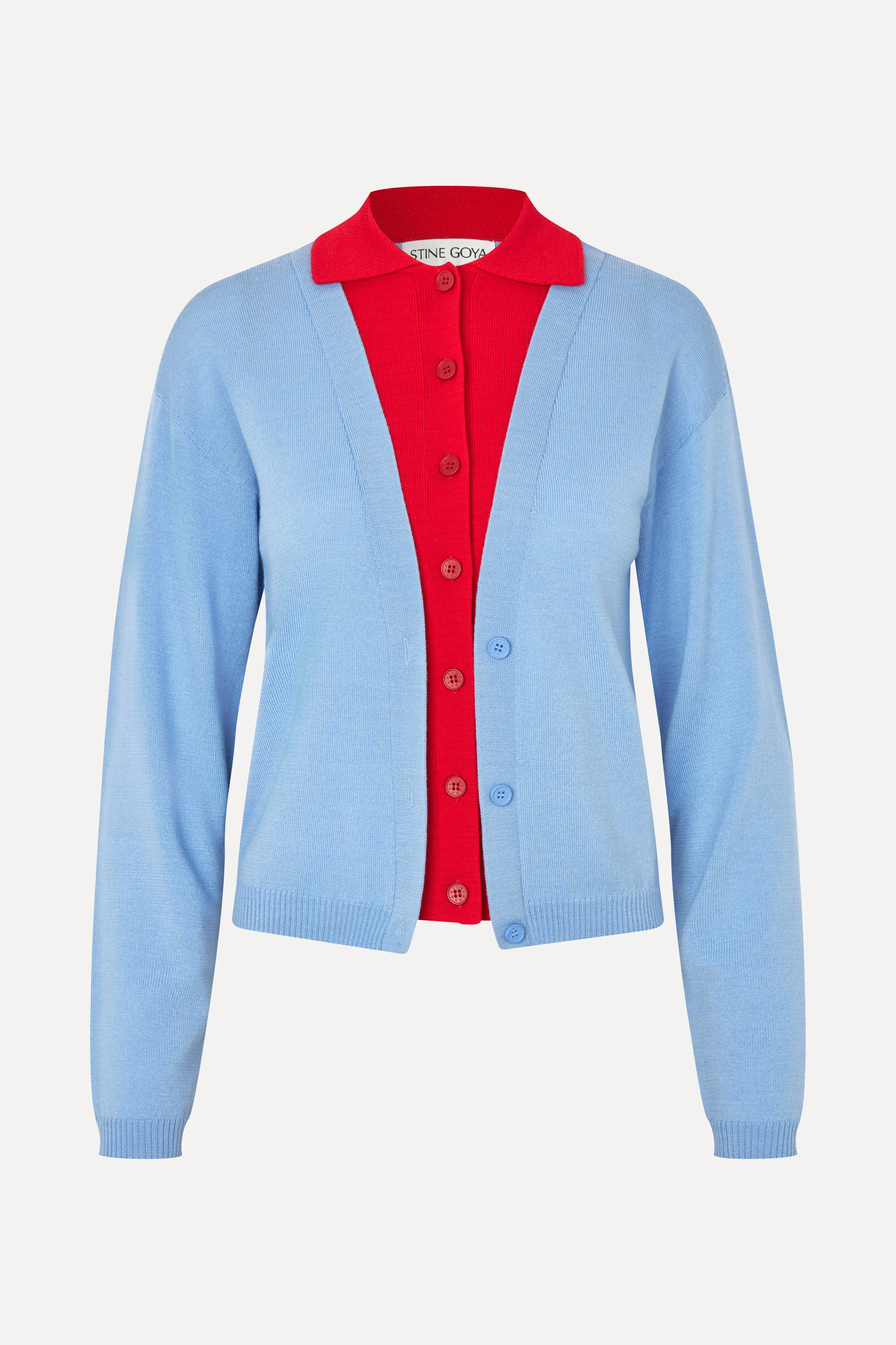 Layered Long Sleeve Cardigan - Sky Blue / Fiery Red - Image 3