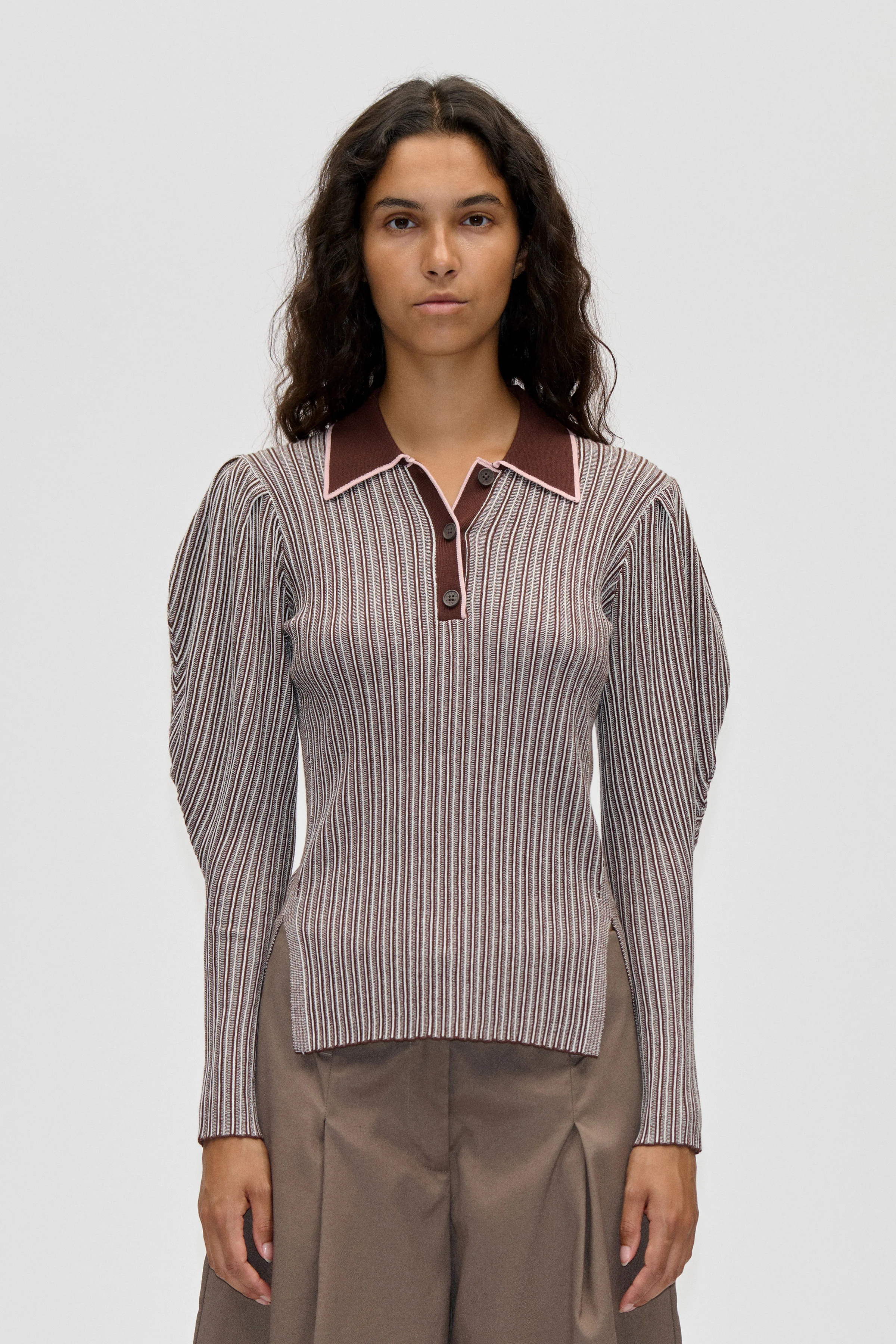 Long Sleeve Knit Polo - Ivory Stripes