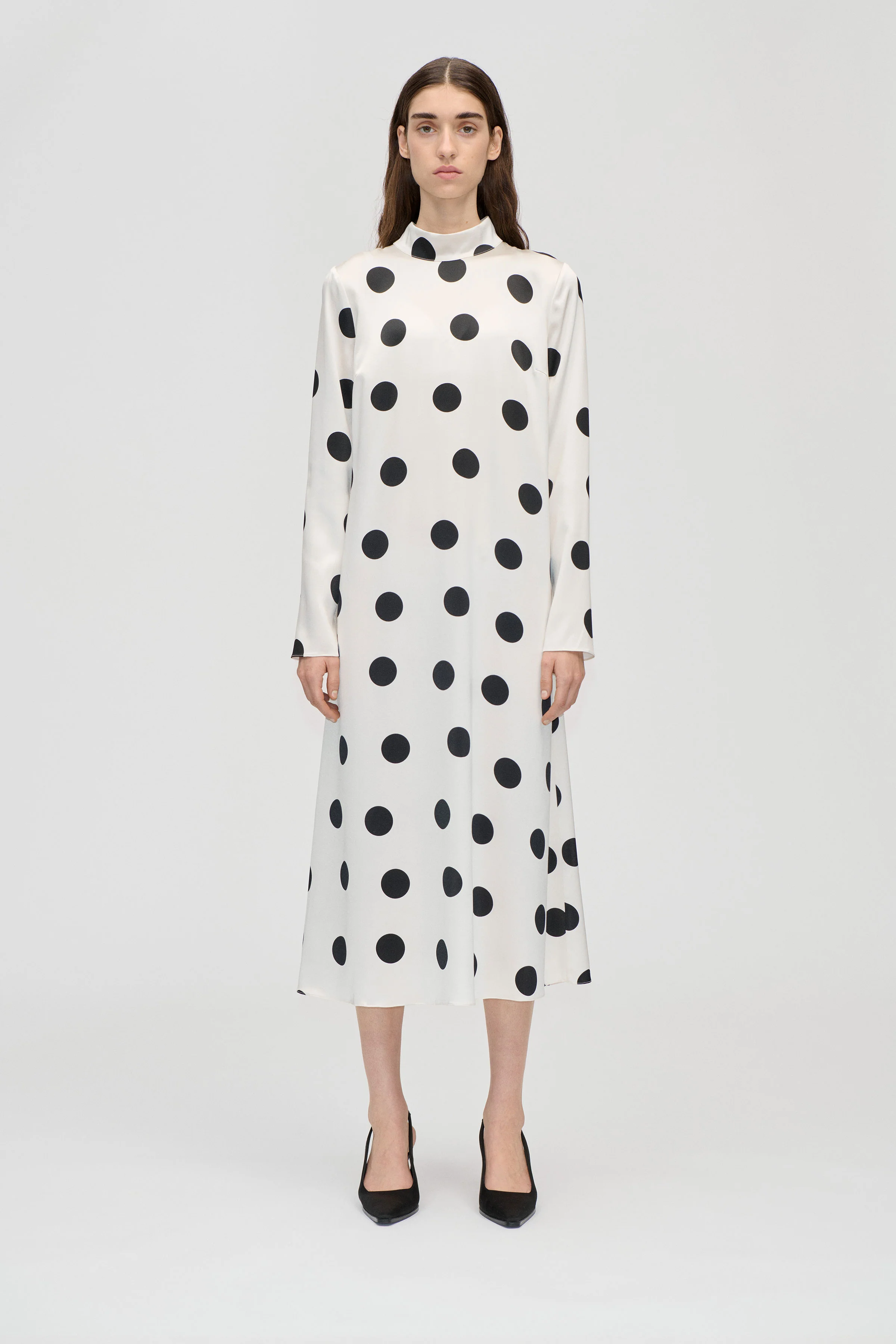 Long Sleeve Midi Dress - Black Dots