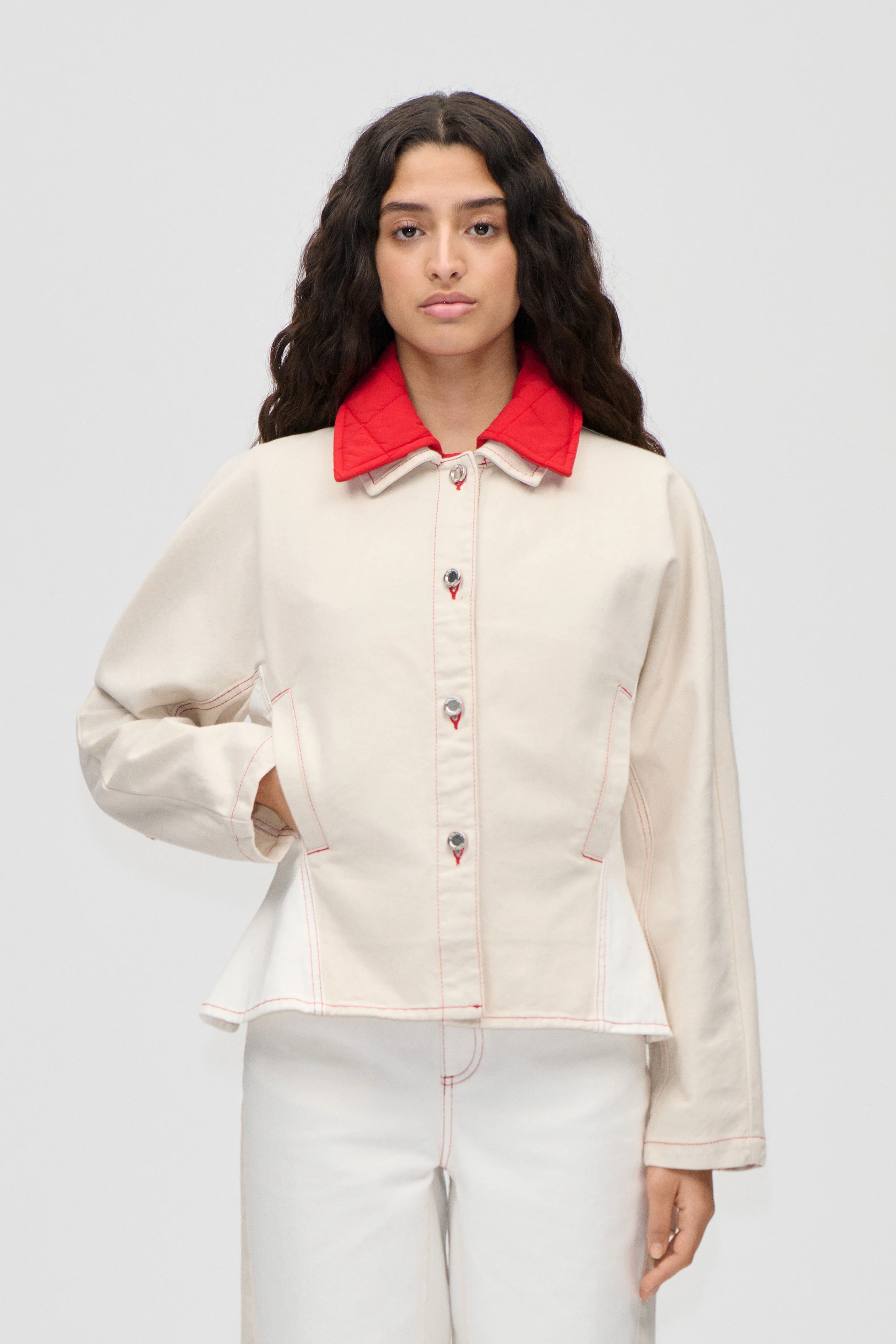 Peplum Collar Jacket - Natural / Contrast Red