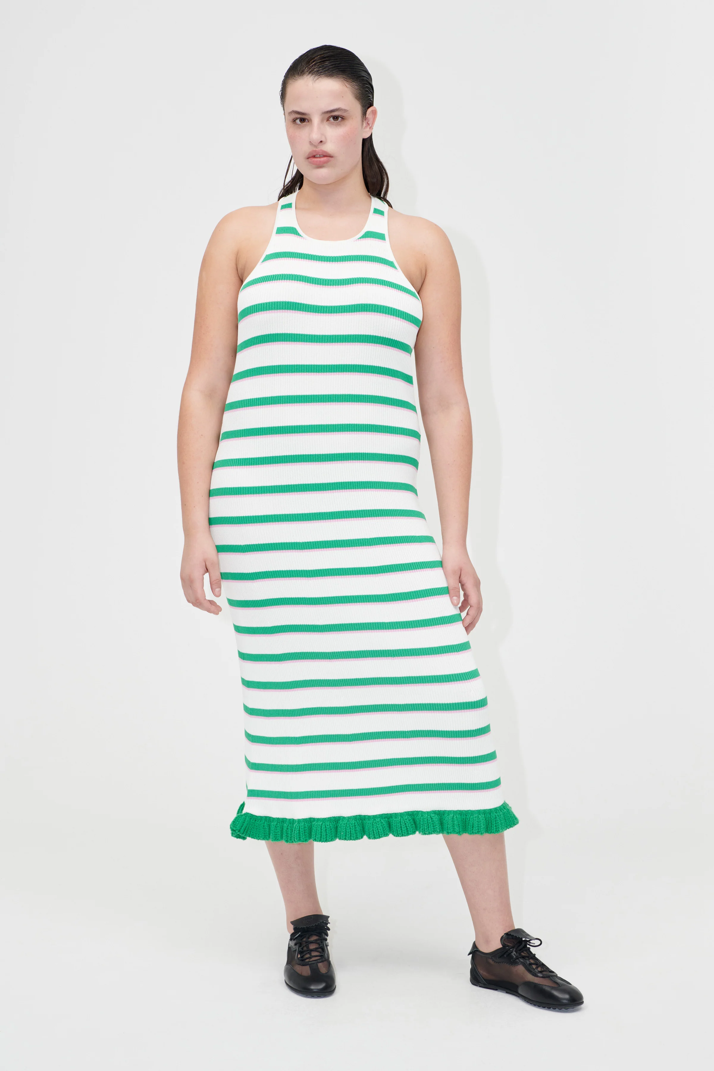 Ruffle Tank Dress - Green and Pink Stripes - Image 3