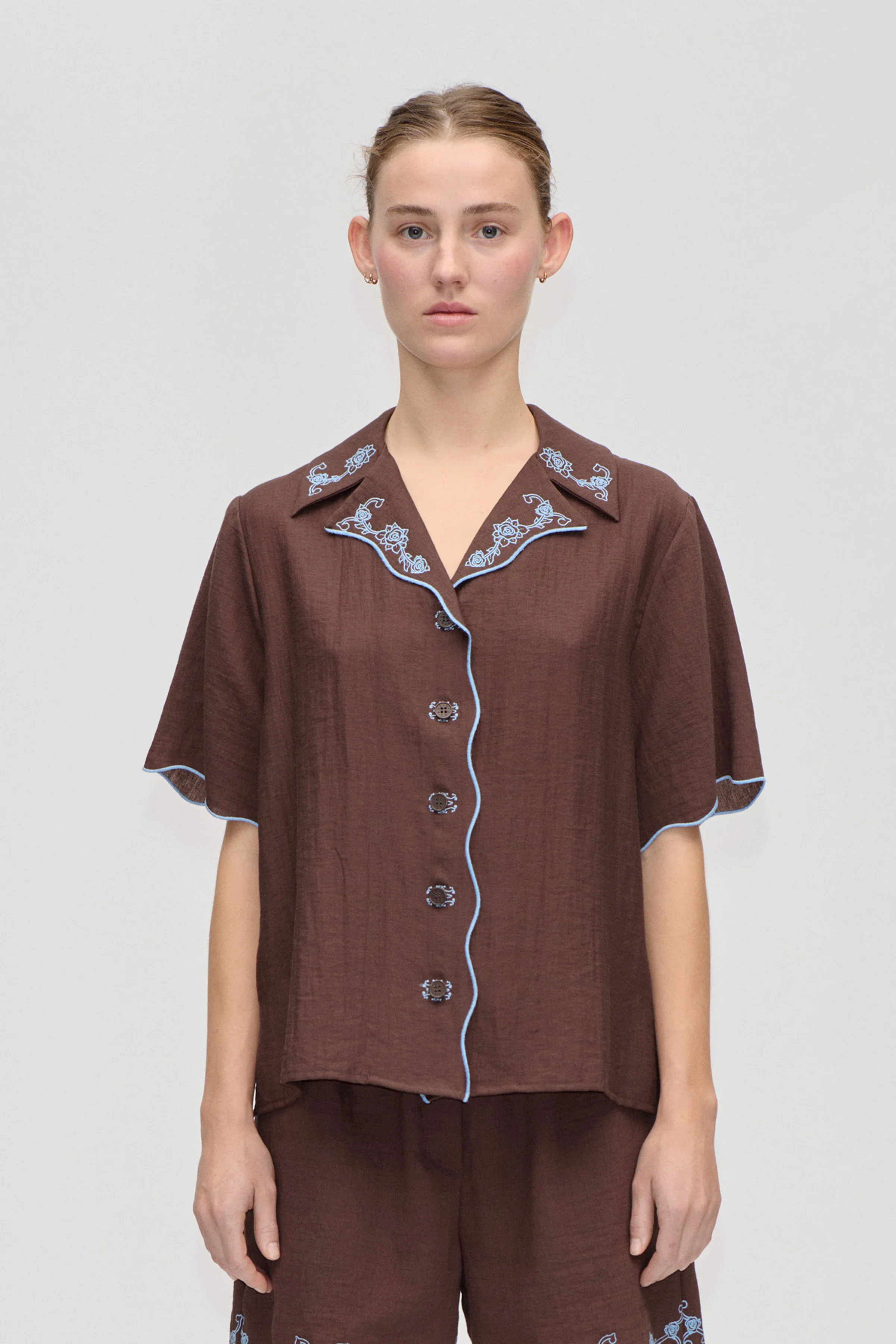 Scalloped Short Sleeve Shirt - Roses Embroidery
