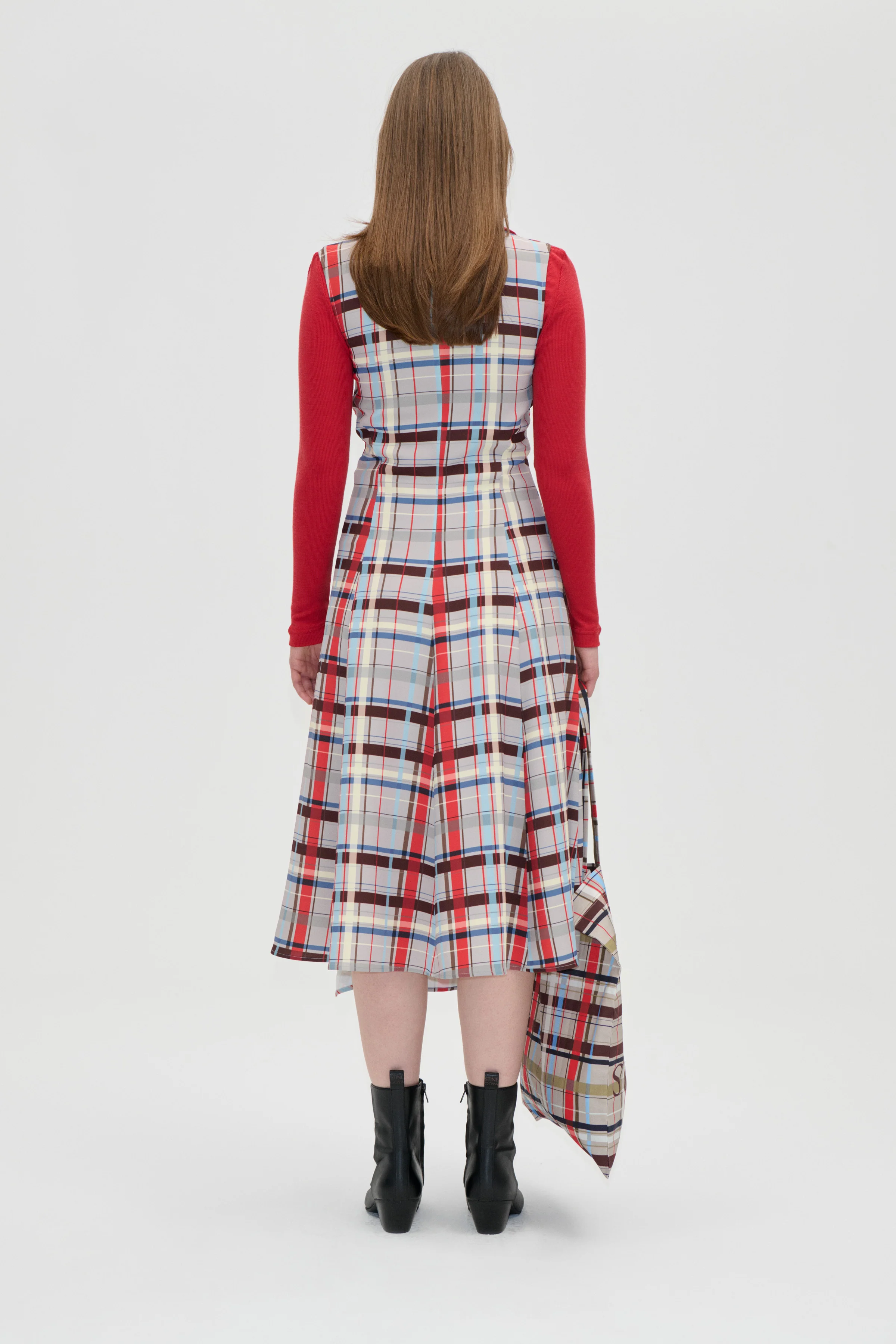 Sleeveless Gathered Midi Dress - Scarlet Grid - Image 2